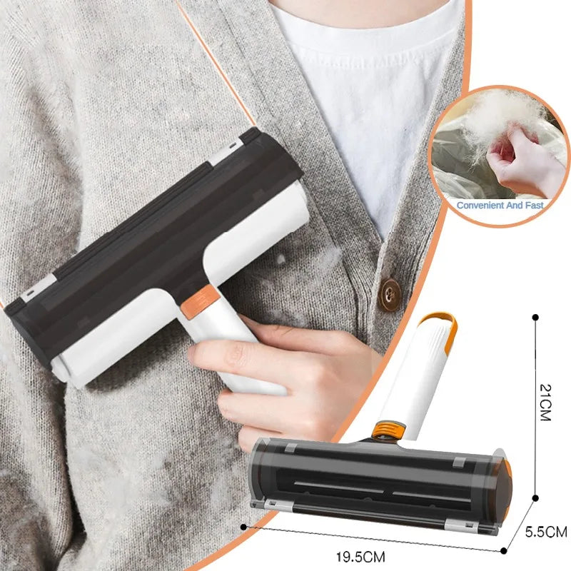 Pet hair remover roller gently removing loose fur from pet coat