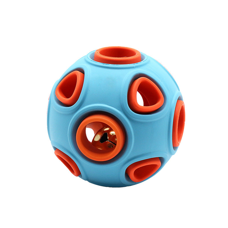 Illuminated Glow-in-the-Dark Squeaky Dog Ball glowing brightly in dark grass