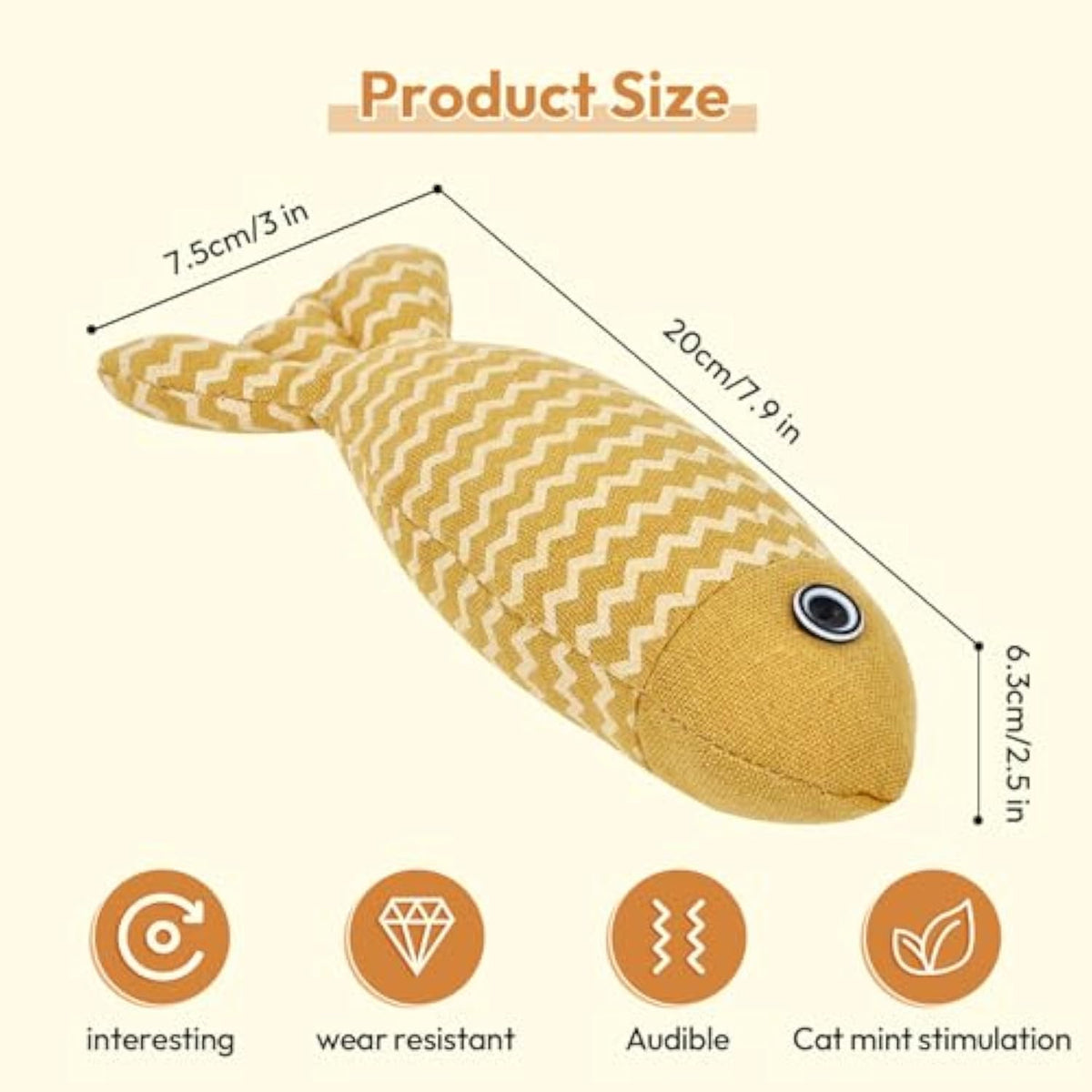 Catnip fish kicker toy durable stitching for biting and kicking showing details of length and size