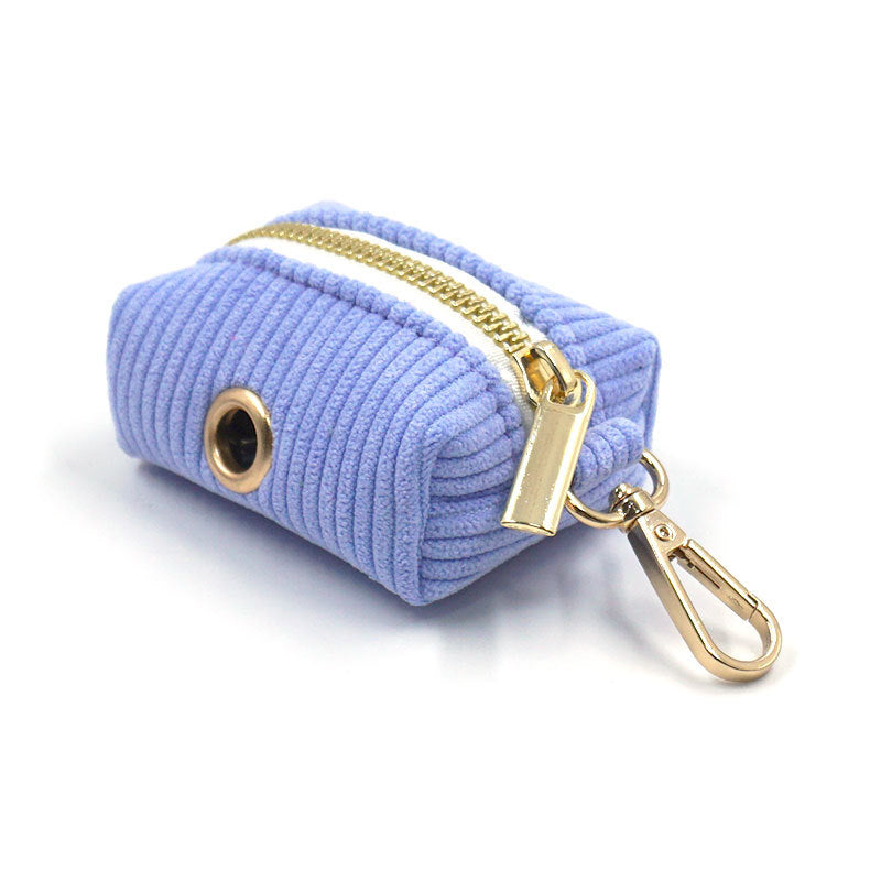 Compact cordury light blue pouch for carrying dog waste bags on walks