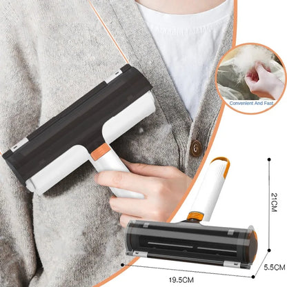 Pet hair remover roller gently removing loose fur from pet coat