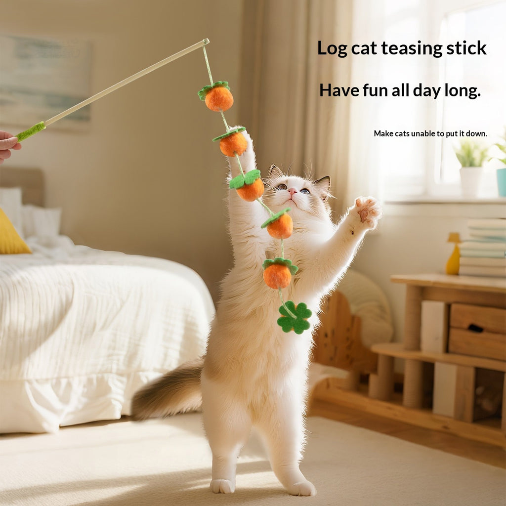 Solid Wood Cat Teaser Wand - Natural Hardwood Wand with Interactive Feather Attachment