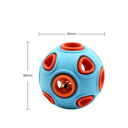 Illuminated Glow-in-the-Dark Squeaky Dog Ball glowing brightly in dark grass