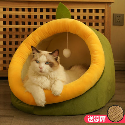 Cat sleeping peacefully inside Winter-Ready Semi-Enclosed Cat Bed for All Seasons