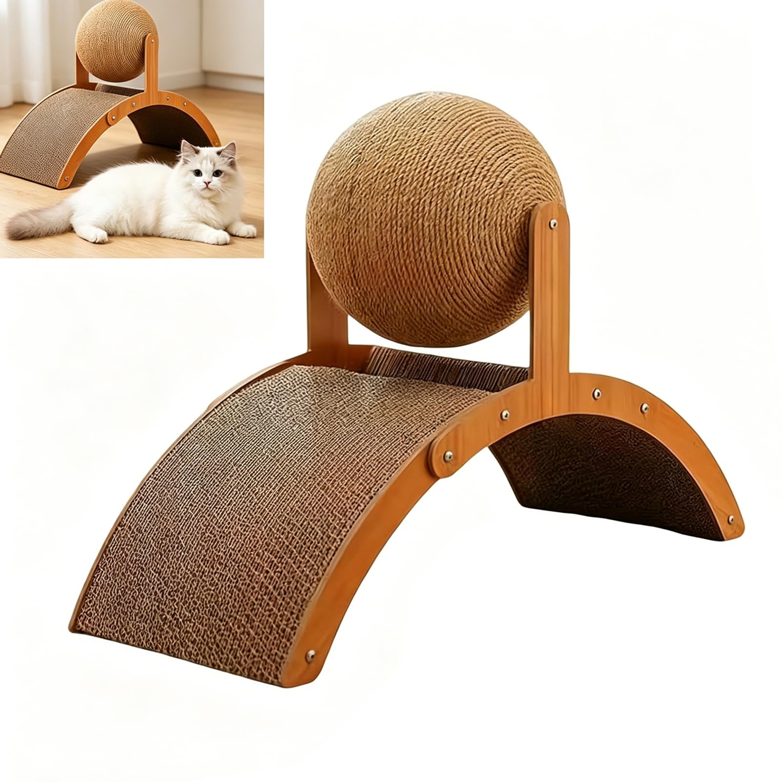 Wobble ball cat scratcher rotating sisal ball on solid wood stand