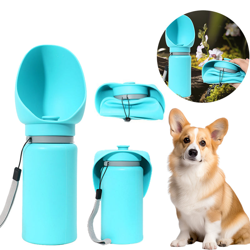 Blue portable pet water bottle with a two-way foldable design.