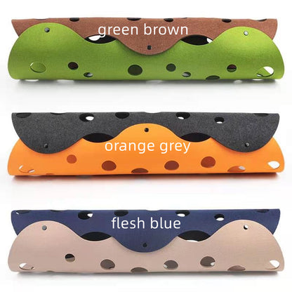 Felt Cat Tunnel Toy - Assembled Felt Cat Cave Hideaway with Metal Buckles in green, orange and blue.