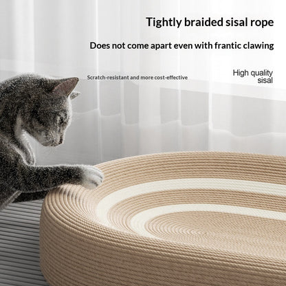 Sisal cat scratcher claw scratching post and bed combo with tightly braided sisal rope.