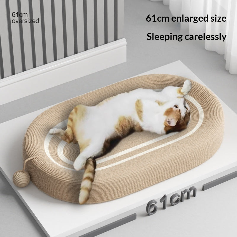 Sisal cat scratcher durable rope scratching bed overview with length and size.