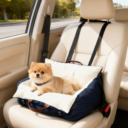 Small dog relaxing in a cushioned pet car booster seat