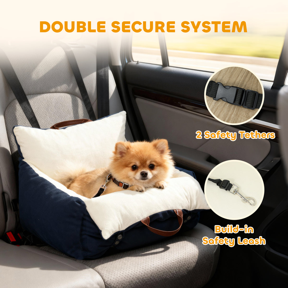 Small dog relaxing in a padded car seat.