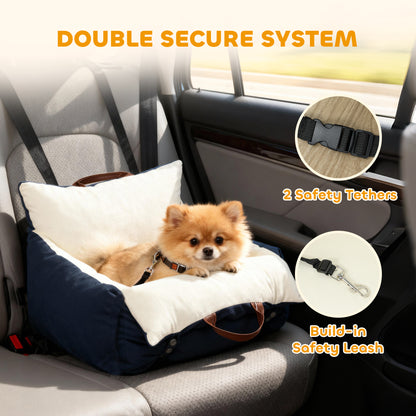 Small dog relaxing in a padded car seat.