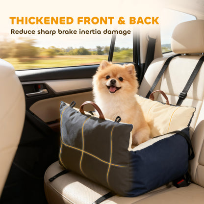 Small dog sitting comfortably in a padded car seat with safety straps on a vehicle back seat.