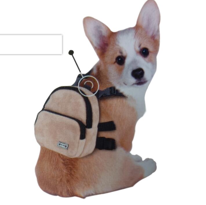 Small tan dog backpack with black straps and buckles worn by a cute corgi puppy.