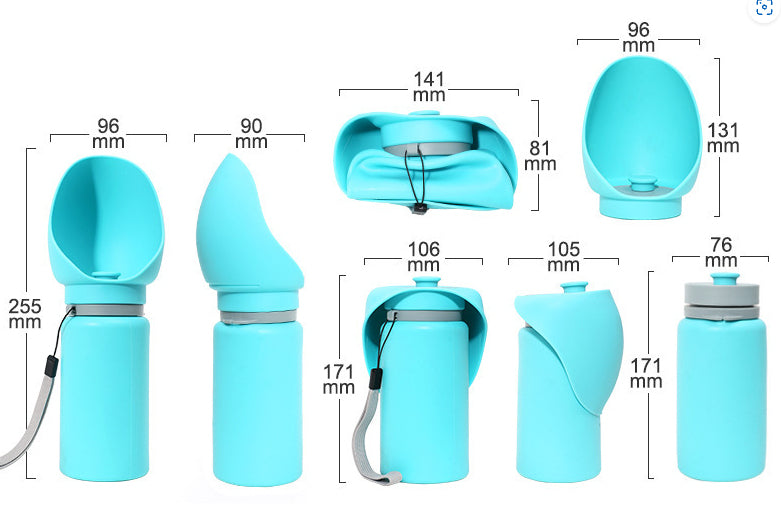 Turquoise portable pet water bottle with drinking bowl and size measurements.