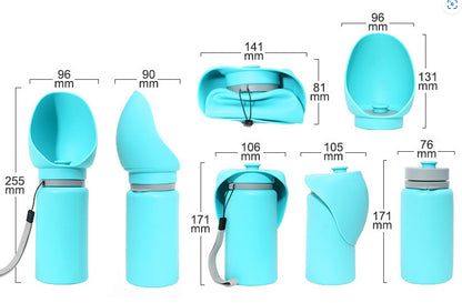 Turquoise portable pet water bottle with drinking bowl and size measurements.