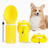 Yellow portable pet water bottle shown with three detachable sections.