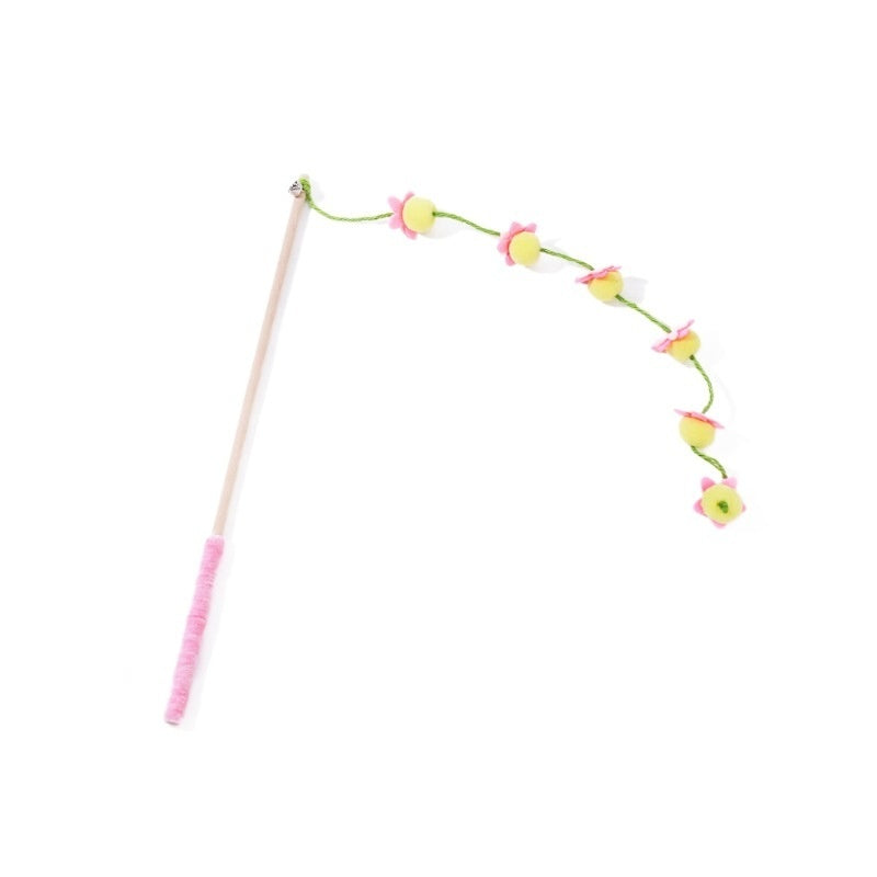Solid Wood Cat Teaser Wand - Green Feather Toy Variant Close Up