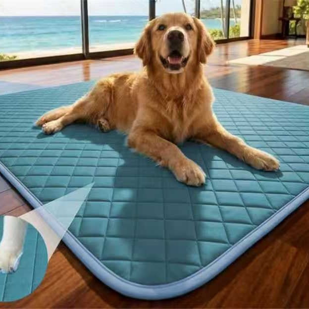 Ice silk cooling mat in blue flat on floor
