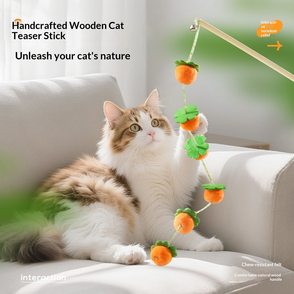 Solid Wood Cat Teaser Wand - Pink Feather Interactive Teaser Wand Variant