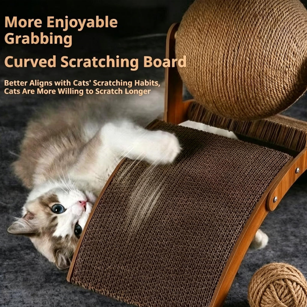 Wobble ball cat scratcher solid wooden frame stability feature
