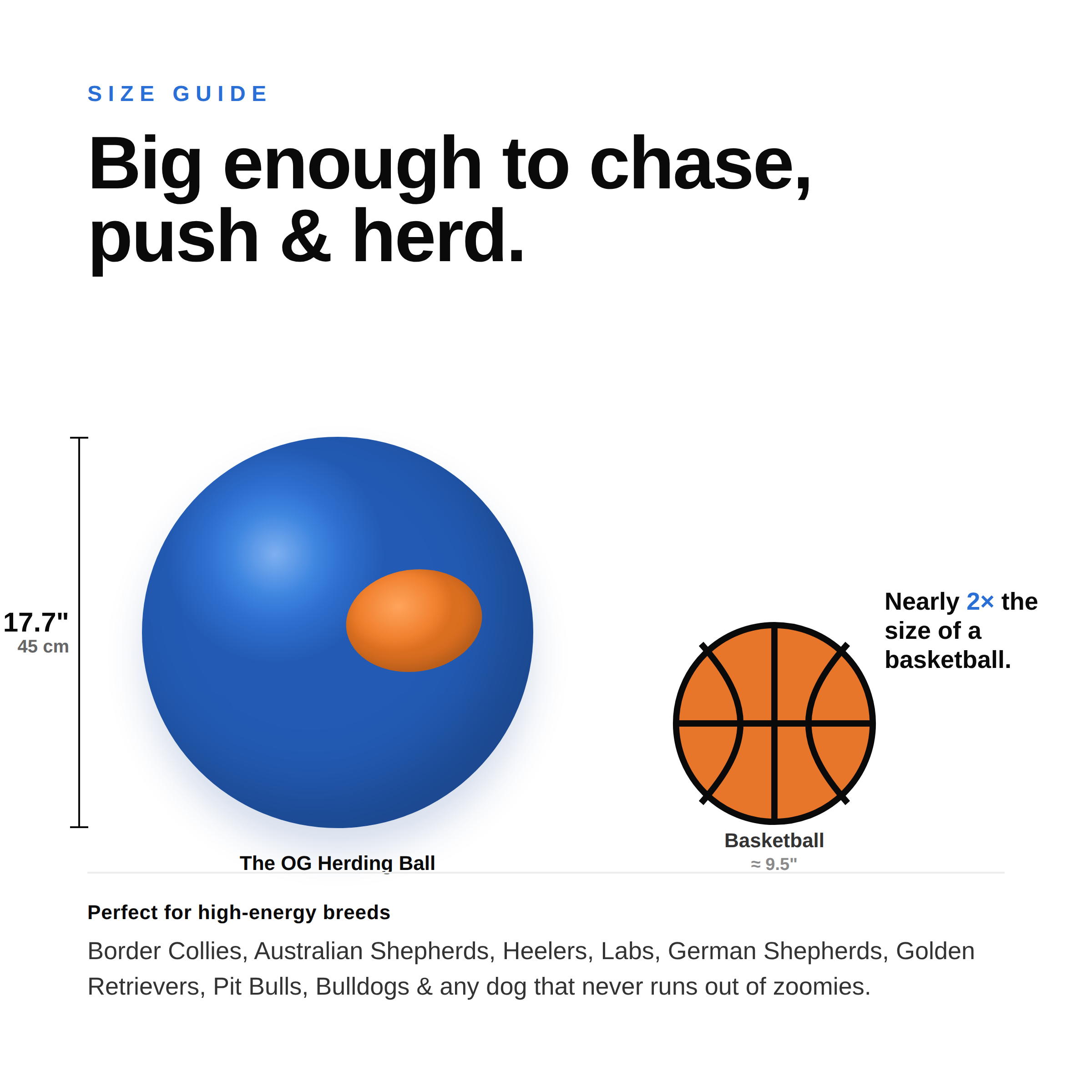Herding Ball size guide — 17.7 inch / 45 cm, nearly twice the size of a basketball, sized for high-energy breeds