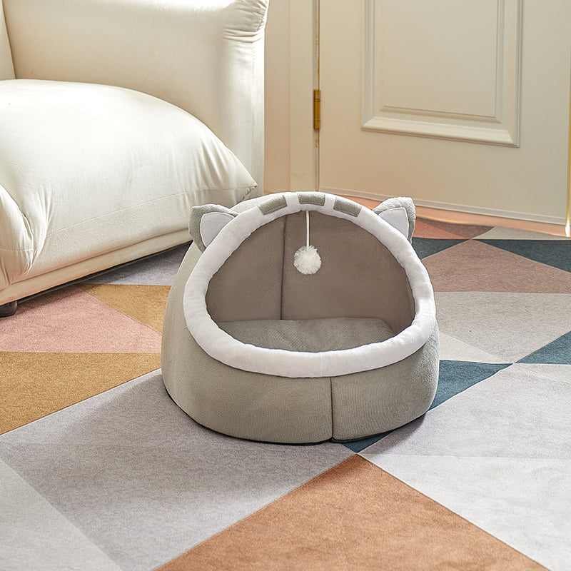 wrap-around cat bed with a rounded pudding shape