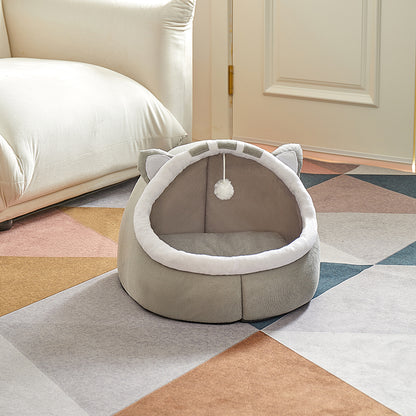 wrap-around cat bed with a rounded pudding shape