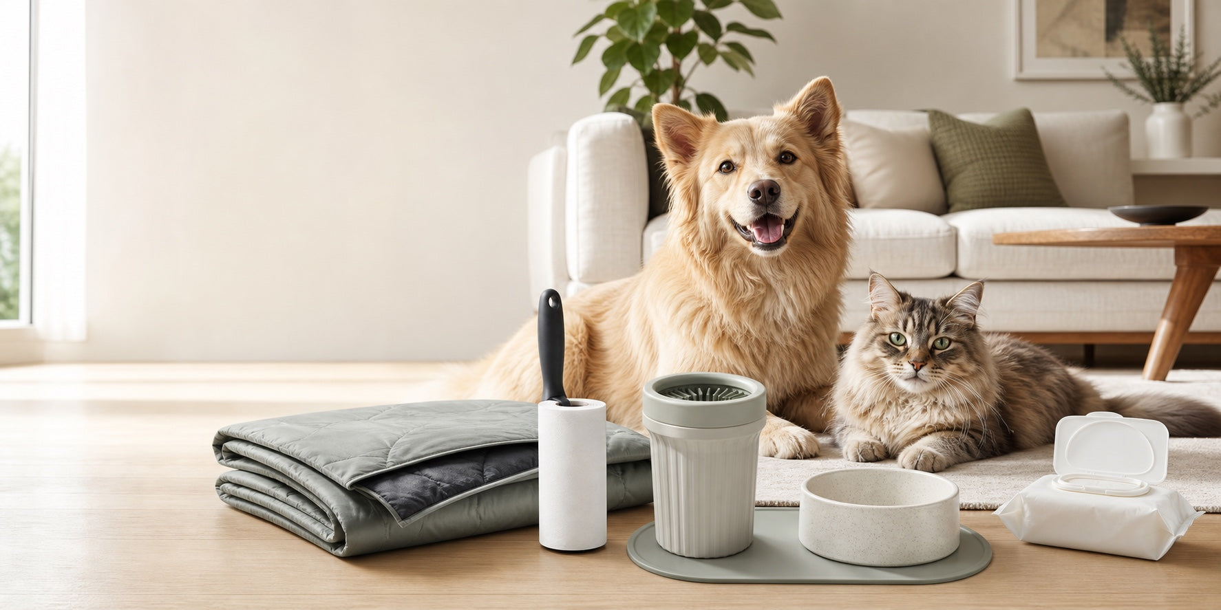 Premium pet essentials arranged in a bright living room with a dog and cat